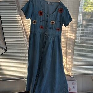 Jane Ashley Blue Denim Dress with Floral Embroidery